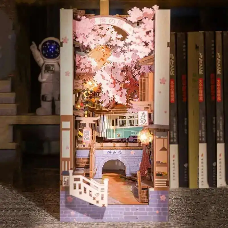 

DIY Book Nook Insert Kits Wooden Miniature Building Kit Cherry Blossom Bookend LED Light Japanese Bookshelf Home Decoration Gift