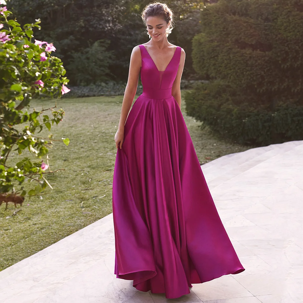 

Fuchsia Satin Prom Dress 2022 A Line Deep V Neck Simple Evening Party es for Women Floor Length Sleeveless Homecoming