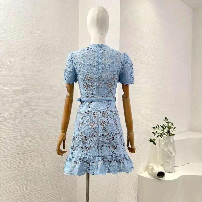 Women's Blue Short Sleeve Dimond Buttons Belt Elegant Hiah Quality 2024 Pleated Skirt Tail Lace Hollow Embroidery Mini Dress