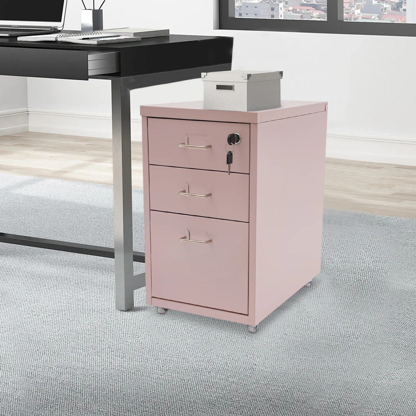 

Pink 3-Tier Metal File Cabinet with Wheels - Rolling Storage Cabinet for Office & Home - Locking File Organizer with 3 Drawers
