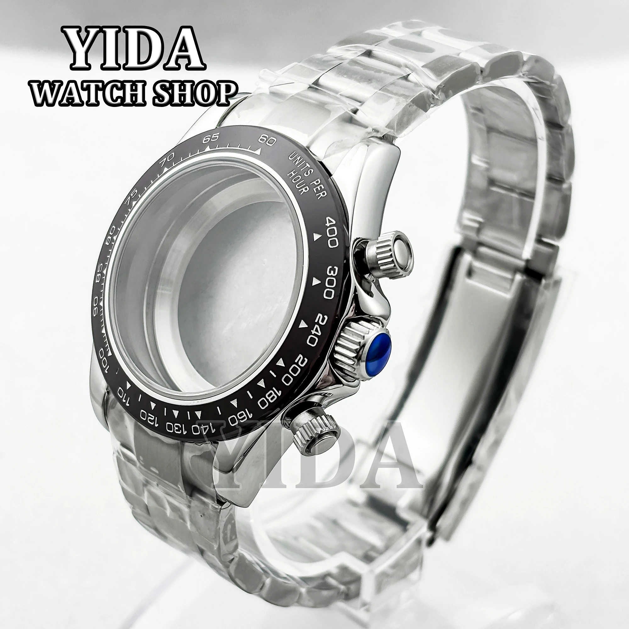 

39MM Silver Watch Case Band Stainless Steel Strap Sapphire Crystal Watch Parts For 63VK Quartz Movement Accessories Replacements