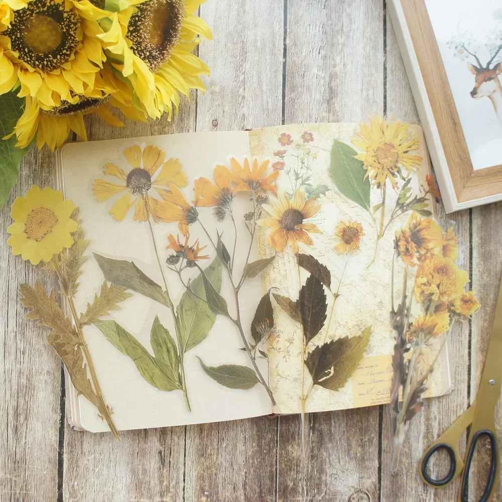 6pcs Big Size Dried Flower Yellow Flower Bouquet Style PVC Transparent Sticker Scrapbooking DIY Gift Decoration Tag