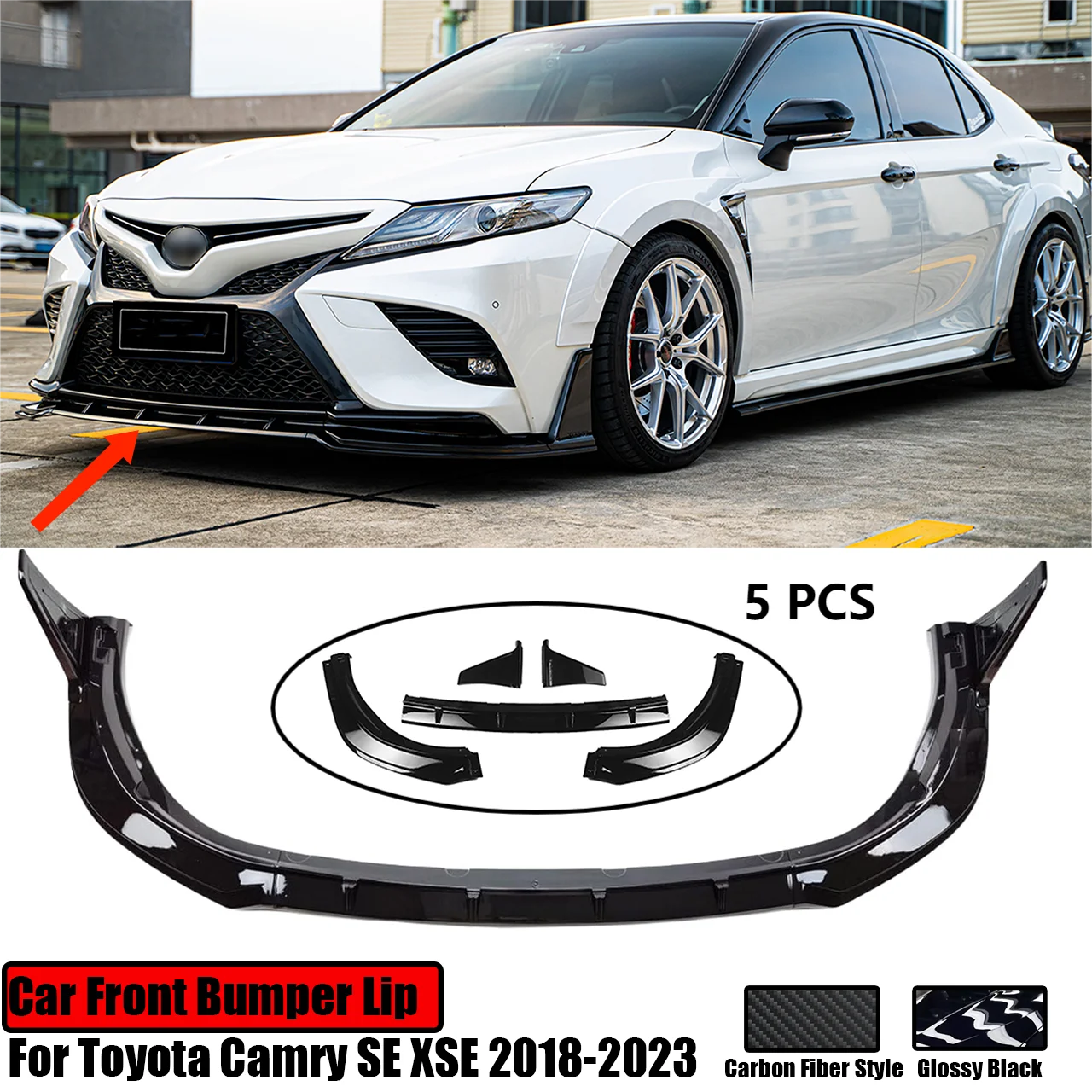 5PCS Car Front Bumper Lip For Toyota Camry SE XSE 2018-2023 Splitter Spoiler Diffuser Winglet Glossy Black Carbon Fiber Style