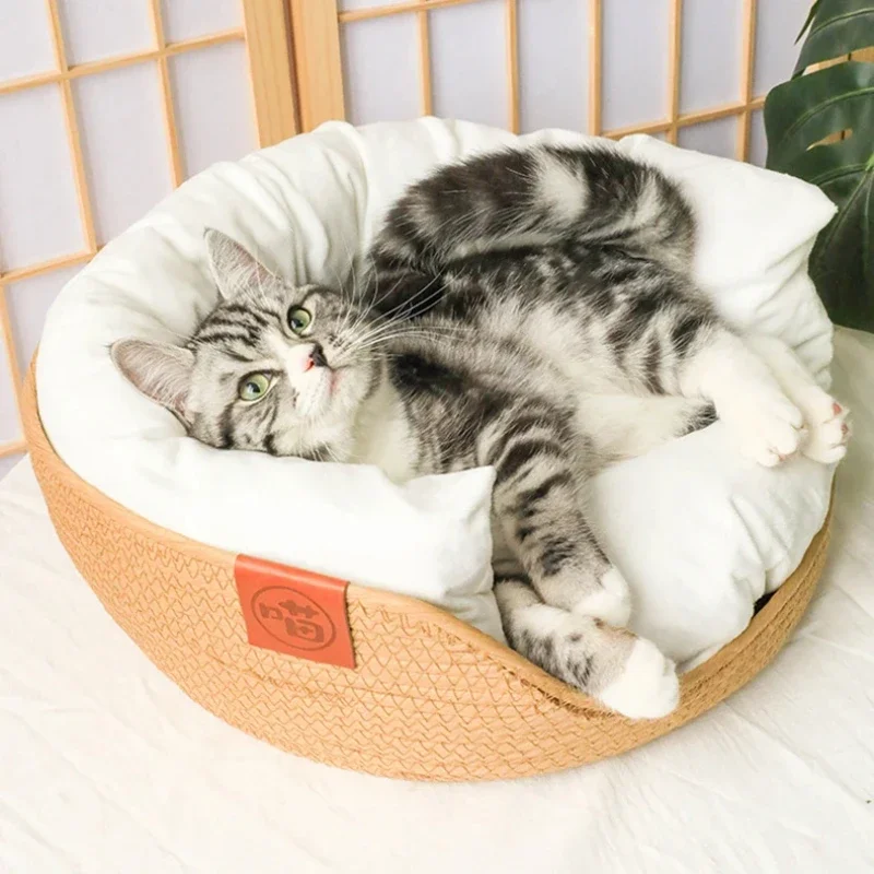 

Woven Rattan Cat Basket Nesting Bed All-Season Cozy Kitten Lounger Cushion Scratching Board Detachable 2 in1 Cats Beds House