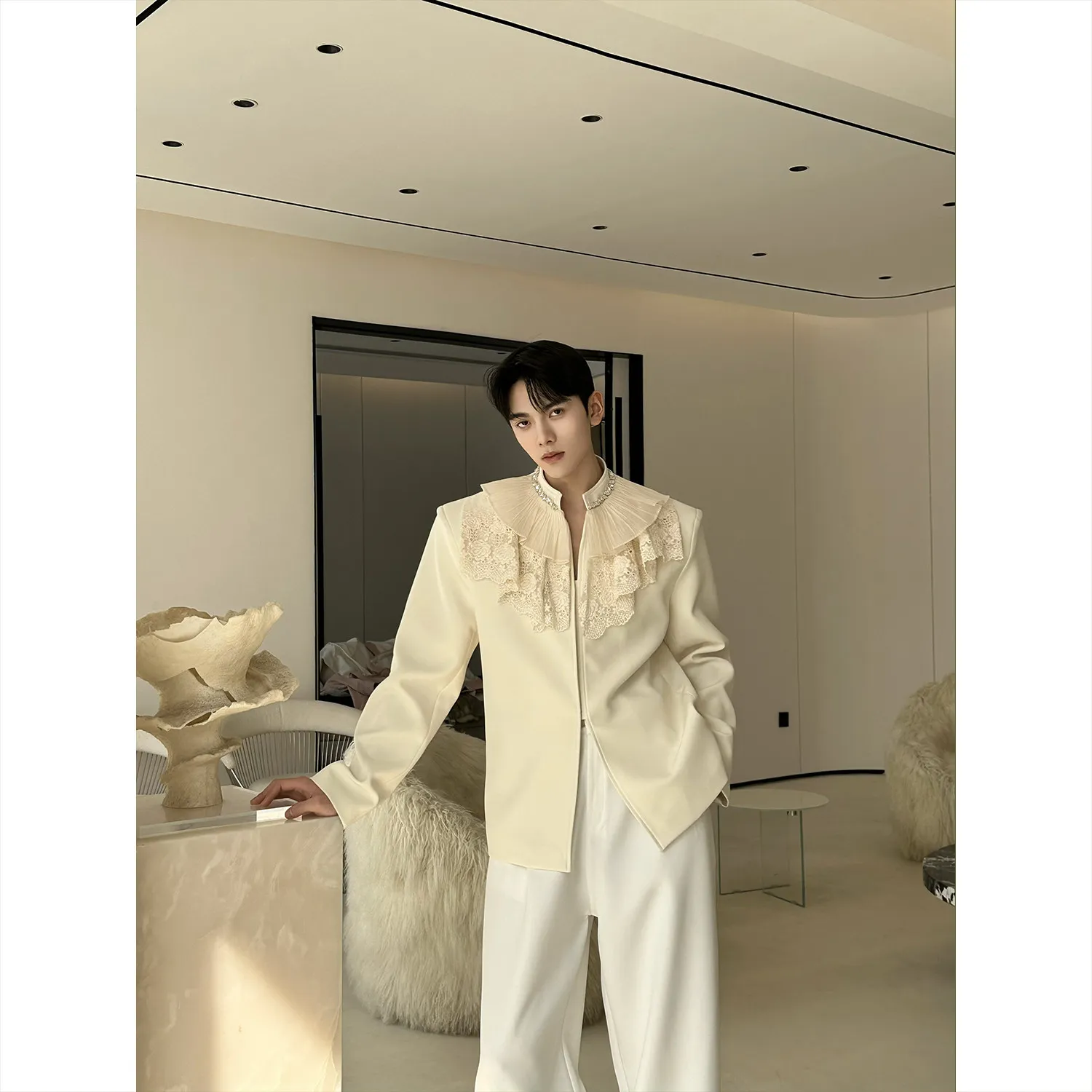 Luxury Courtly Style Blazer Jacket Men Clothing 2026 Top Quality Fashion Lace Spliced Diamonds Stand Collar Men's Casual Blazers
