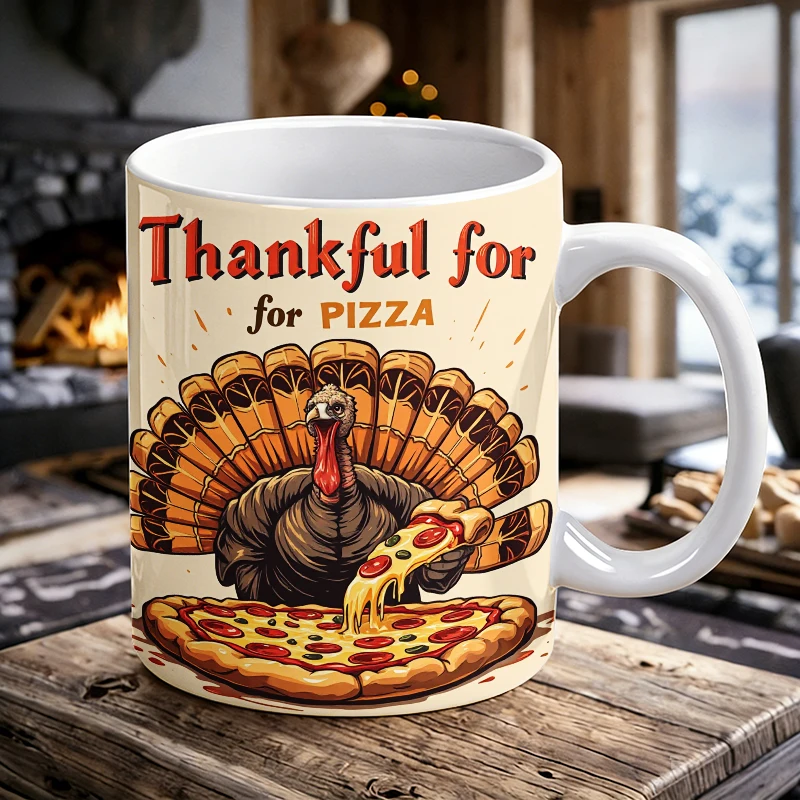 

11 oz Pizza Turkey Handle Ceramic Mug, Full Print Pattern Coffee Mug, Insulated Milk Cup, Water Cup for Office, Fade-Resistant
