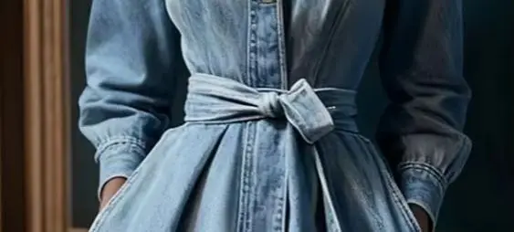 

Elegant Light Blue Denim Maxi Dress for Women Elegant Stand Collar Long Sleeve with Pocket & Pleated Belt Party Evening Dress