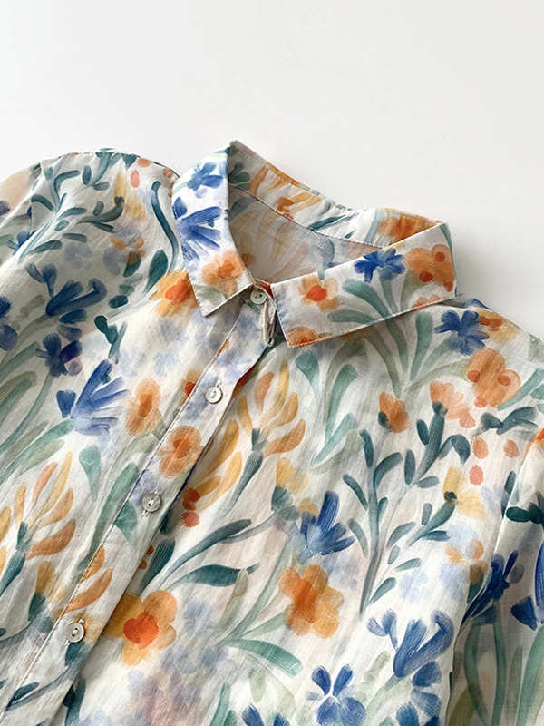 2025년 봄 루즈핏 롱 슬리브 여성용 플로럴 프린트 자외선 차단 코튼 린넨 혼방 칼라 캐주얼 출퇴근 슬레