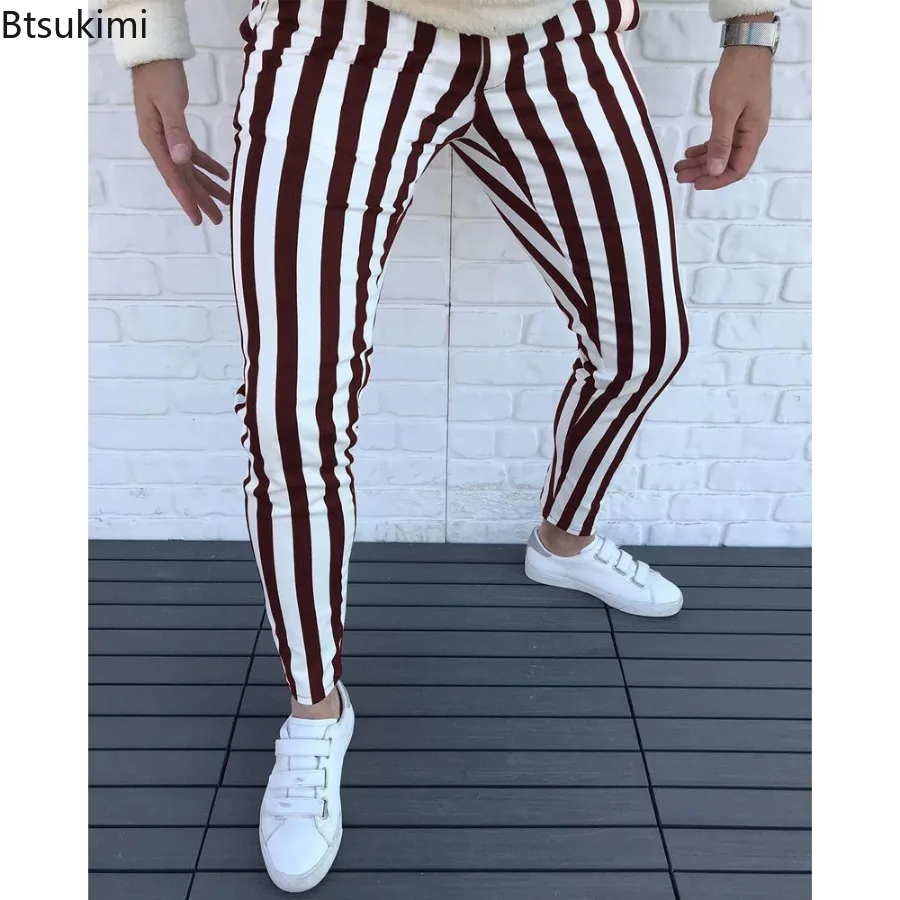 Pantalones pitillo con estampado a rayas para hombre, ropa de calle clásica e informal, ajustada, para negocios, novedad de 2024