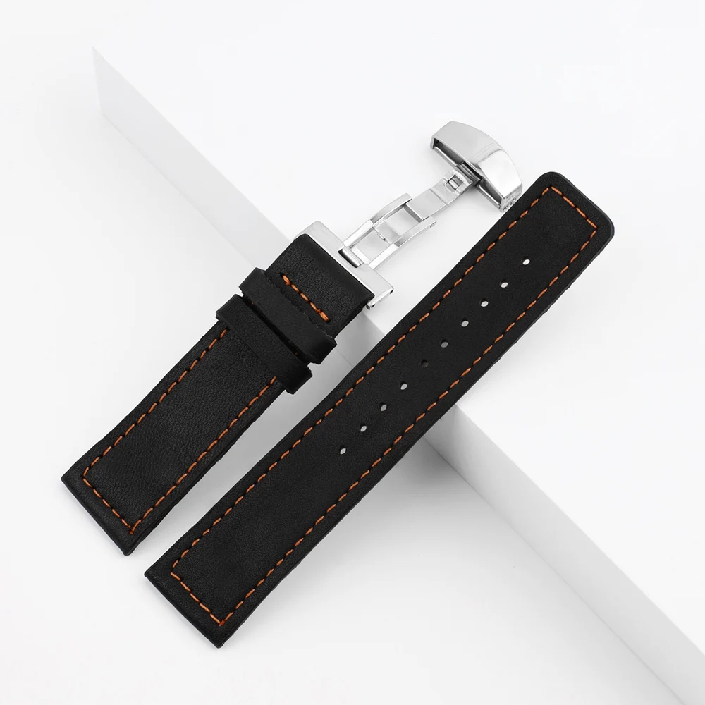 Handmade Vintage Genuine Leather Watchband 24mm Black Soft Leather Watch Strap Bracelet With Silver Butterfly Buckle for Men