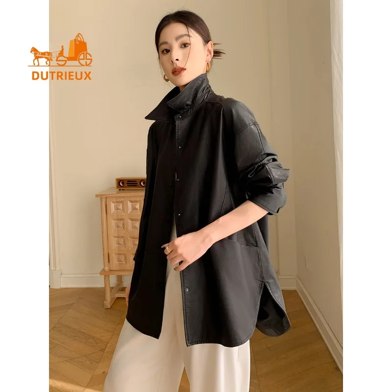Veste en cuir véritable de Style chemise à revers à simple boutonnage, 100% peau de mouton véritable, manteau ample et décontracté pour femmes, automne et hiver