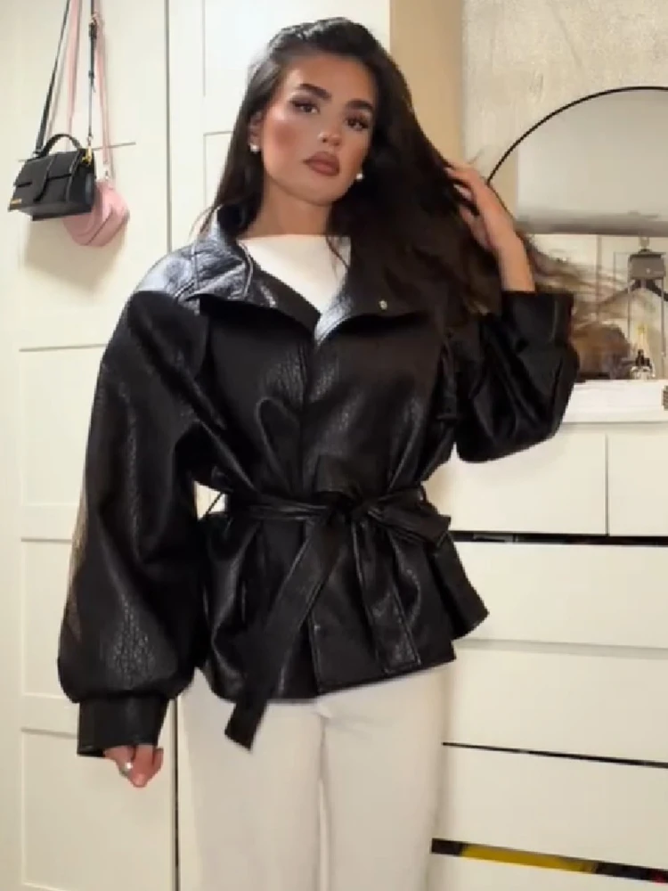 Women Loose Pu Leather Jacket High Neck Adjustable Drawstring Collar Waist Belted Lantern Sleeve Flared Hem Zip Front Outerwear