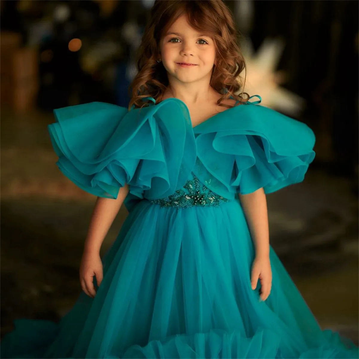 Vestidos de niña de flores verdes para boda, Princesa, tul, volantes, Apliques de encaje, cuentas, fotografía, primera comunión, vestidos de baile