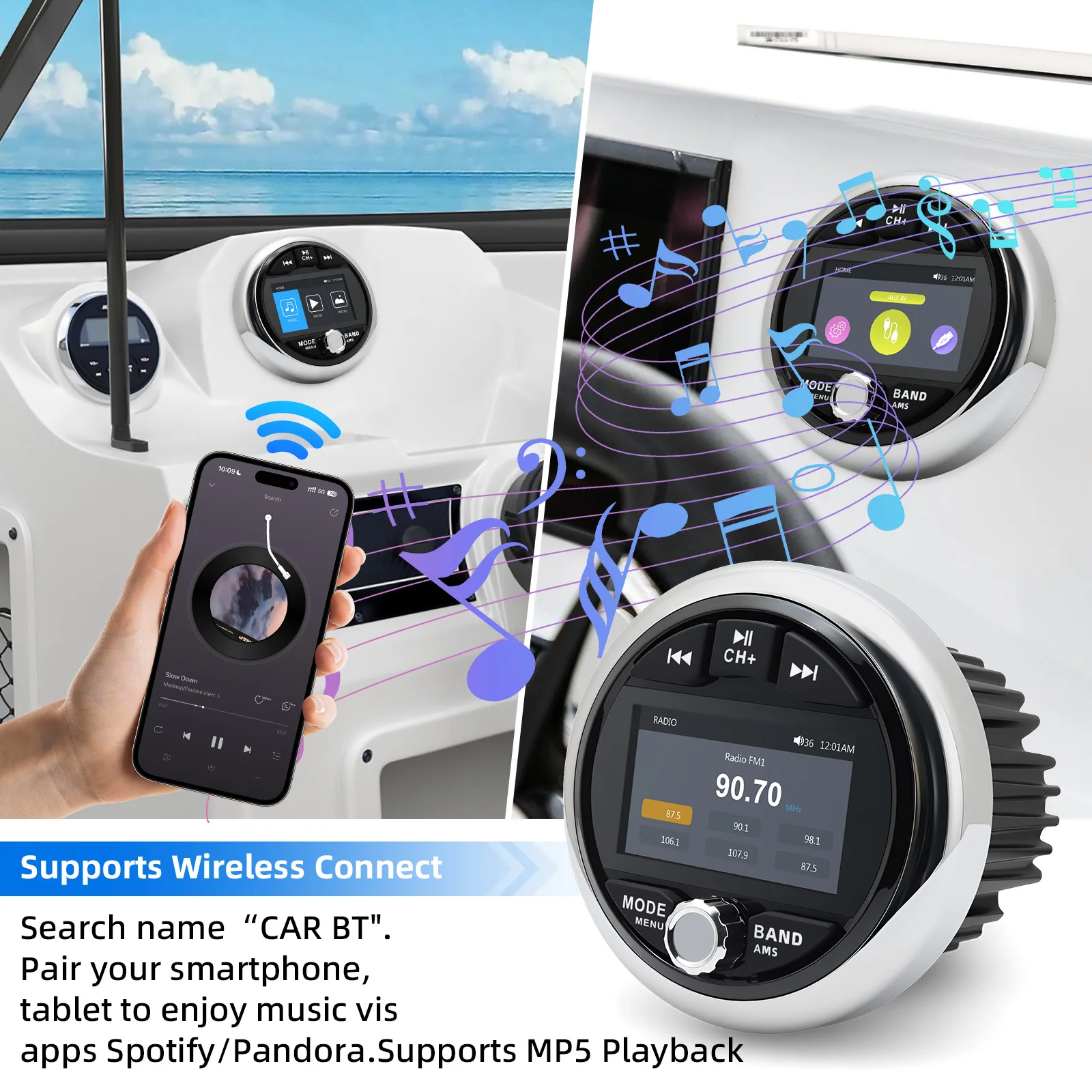 Marine Radio System Media Player MP5 Stereo Bluetooth-compatible FM AM USB Port AUX Digital Waterproof For Yacht ATV UTV Boat