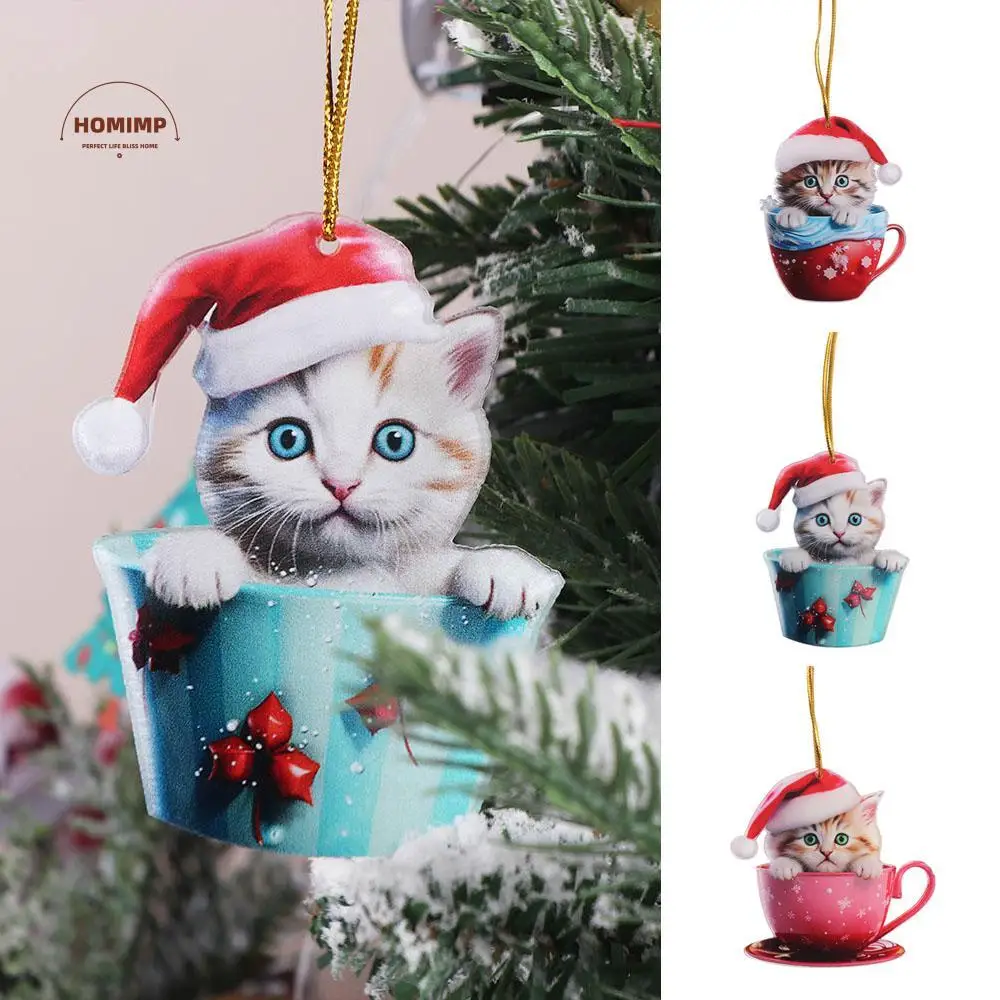 

2D Christmas Cup Cat Pendant Acrylic Cartoon Car Hanging Pendant Flat Cat Rearview Mirrors Pendant Christmas Gift