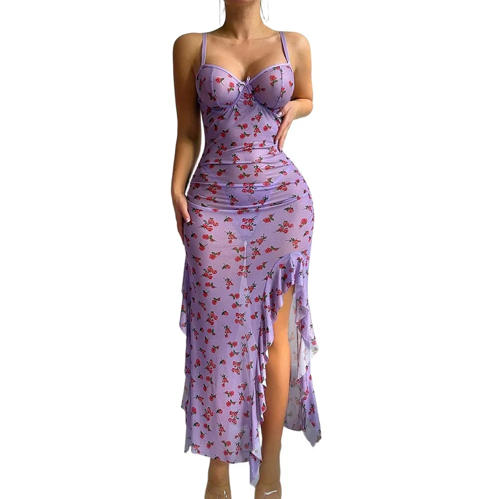 

Women's Nightwear Set Floral Printed Sexy Sheer Spaghetti Strap Nightdress And Briefs Nightgown Sleeping Dress
