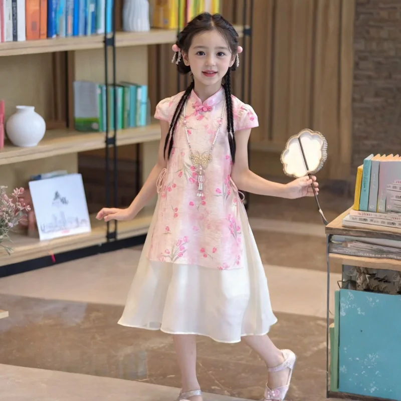 

Новое летнее платье Ханьфу для девочек в старинном китайском стиле, детское платье Ципао в стиле династии Тан, национальный стиль