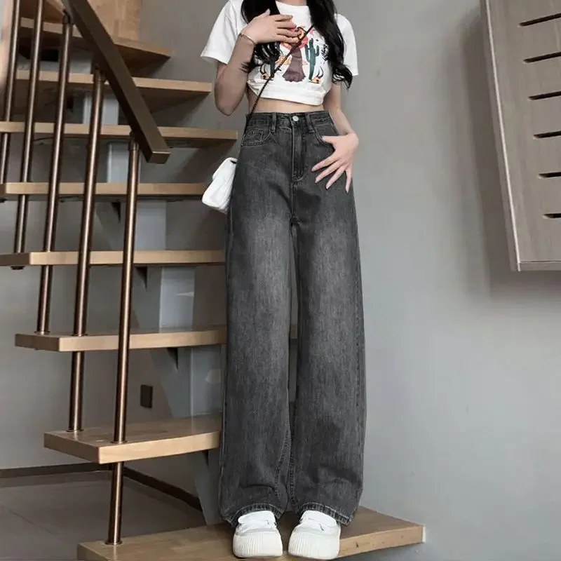 American Style Wide-leg Jeans Grey/black For Women New Autumn Low-waist Straight-leg Loose-fit Slimming Draped Floor Pants