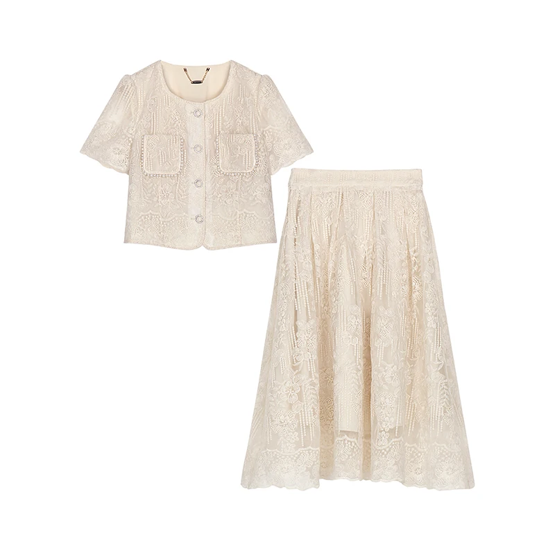 Moda socialite prego grânulo solúvel em água renda curta topo + cintura alta e grande balanço saia de comprimento médio conjunto