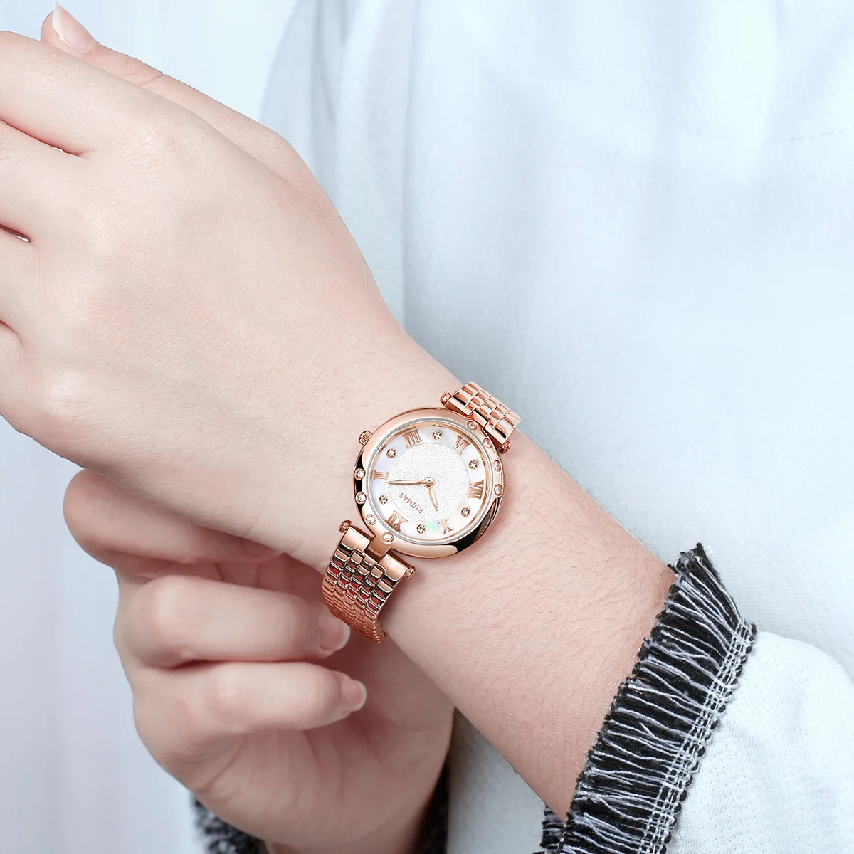 RUIMAS 6749 Women Quartz Watch Elegant Leisure Diamond Rose Gold Stainless Steel Strap Analog Display Wristwatch for Ladies Gift