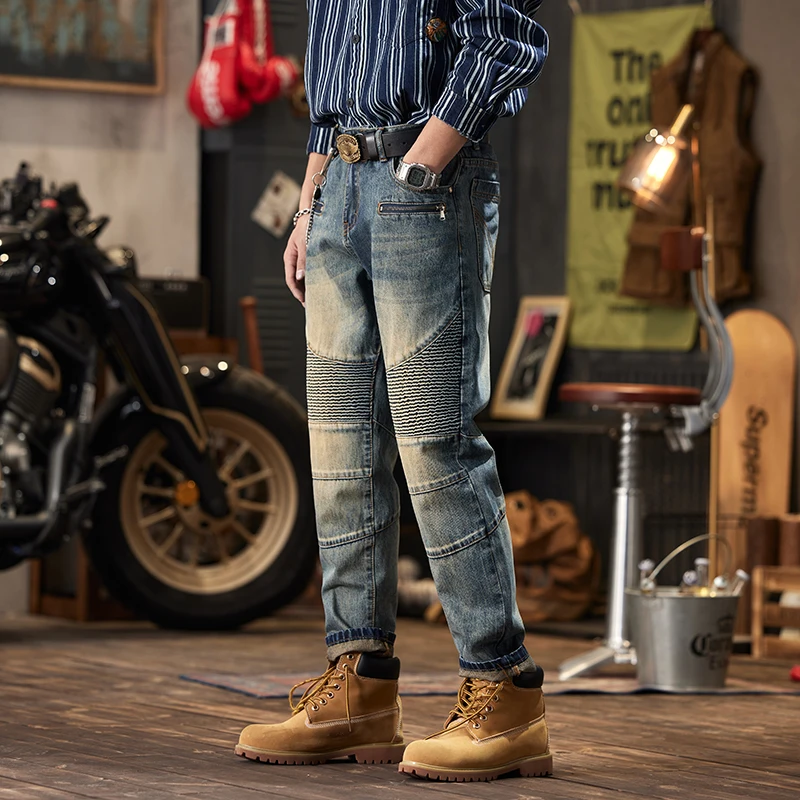 Pantalones vaqueros de retazos Retro nostálgicos para hombre, Pantalones rectos sueltos Punk gruesos, pantalones plisados personalizados para motocicleta