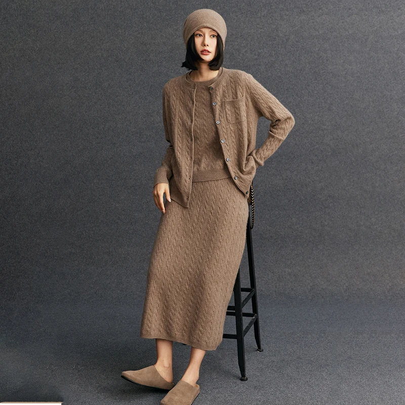 

Women's matching set 100% cashmere round neck cardigan casual knit short sleeved loose high waisted long skirt three piece set