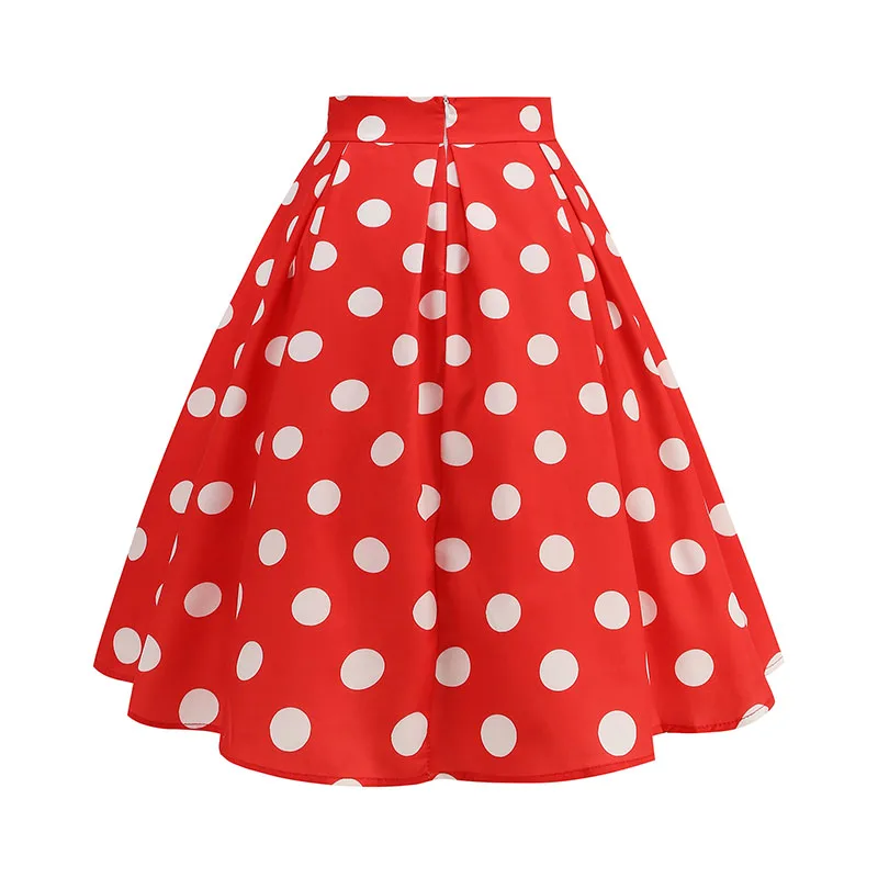Vintage Women's Summer Skirts High Waist Polka Dot Print Red White Black Elegant 50s Midi Tunic Knee Length