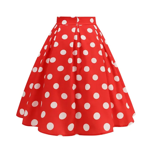 Imagen 2 del producto Faldas de verano Vintage para mujer, cintura alta, estampado de lunares, rojo, blanco, negro, elegante túnica por debajo de la rodilla de los años 50