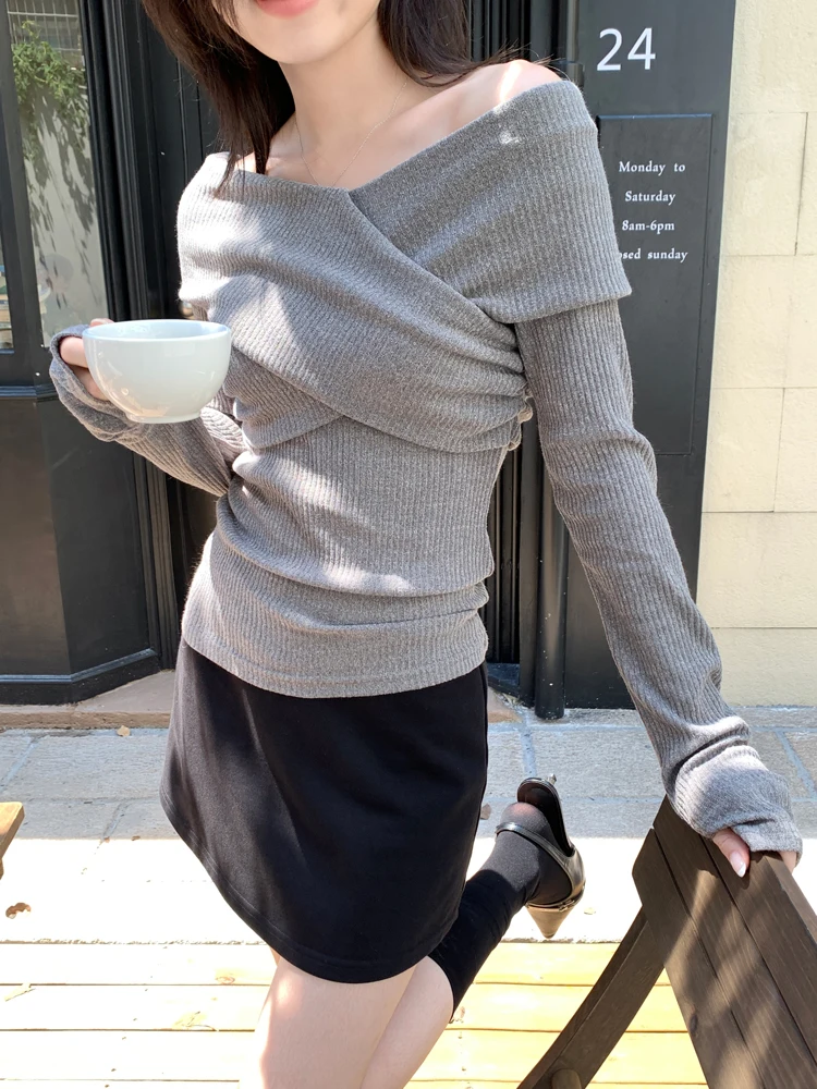 5colors Autumn 2024 korean style Tops Girls Off Shoulder Long Sleeve t-shirt Womens Knitted Tees shirt femme Tops (x3471