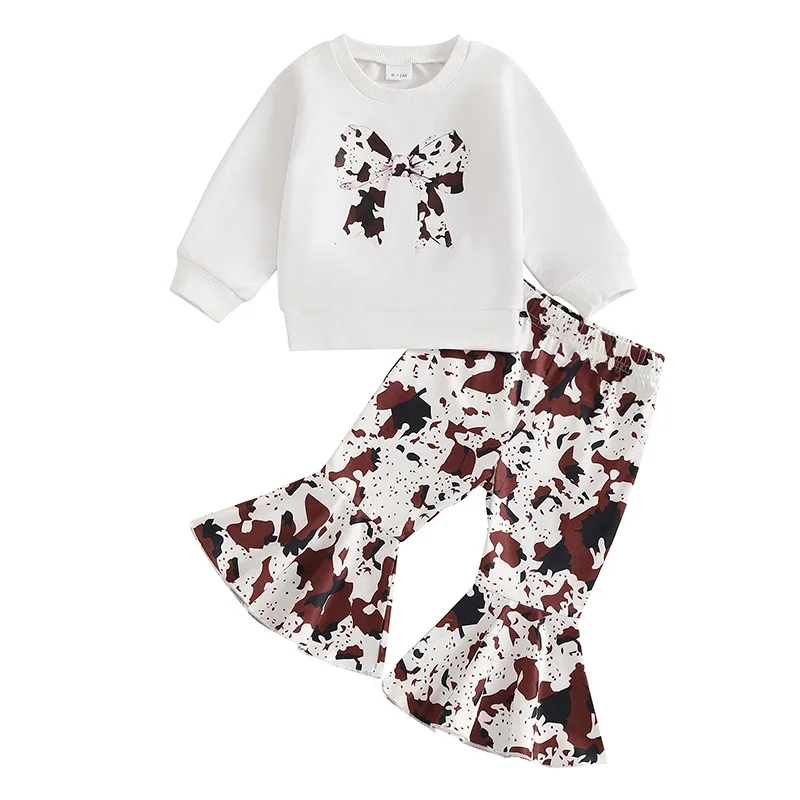 Baby Girl 2Pcs Western Outfits Long Sleeve Bow Print Sweatshirt Tops Flare Pants Set Children's Clothing Set 0-4Y