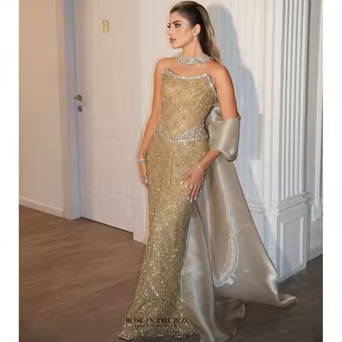 ROSEINTHEBOX Customized Luxurious Evening Dresses Gold Bead with Shawl Strapless فساتين سهرات Mermaid Prom Dress