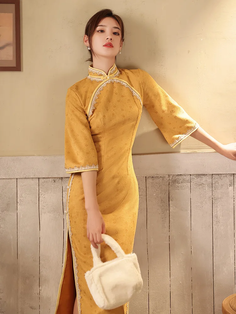 Yellow Qipao Slim Modern New Improve Chinese Dress Women Vintage Fashion Ethnic Style Traditional Harajuku Female New Cheongsam