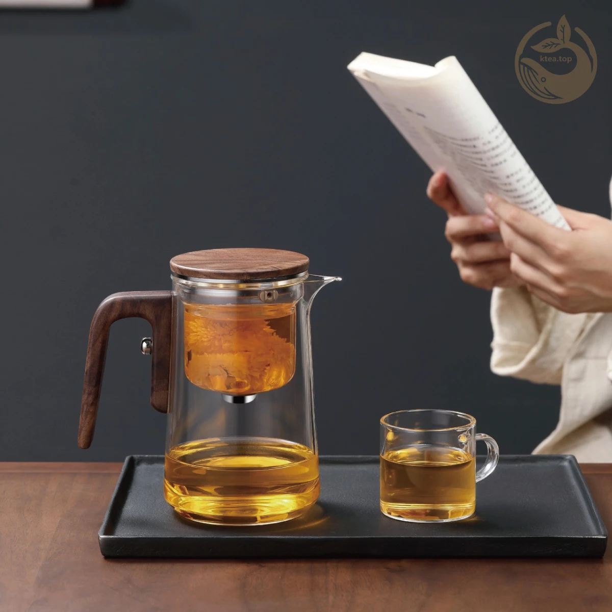 KTea Magical One-Key Brewing:  Real Walnut Glass Teapot with Infuser for Perfect Kung Fu Tea