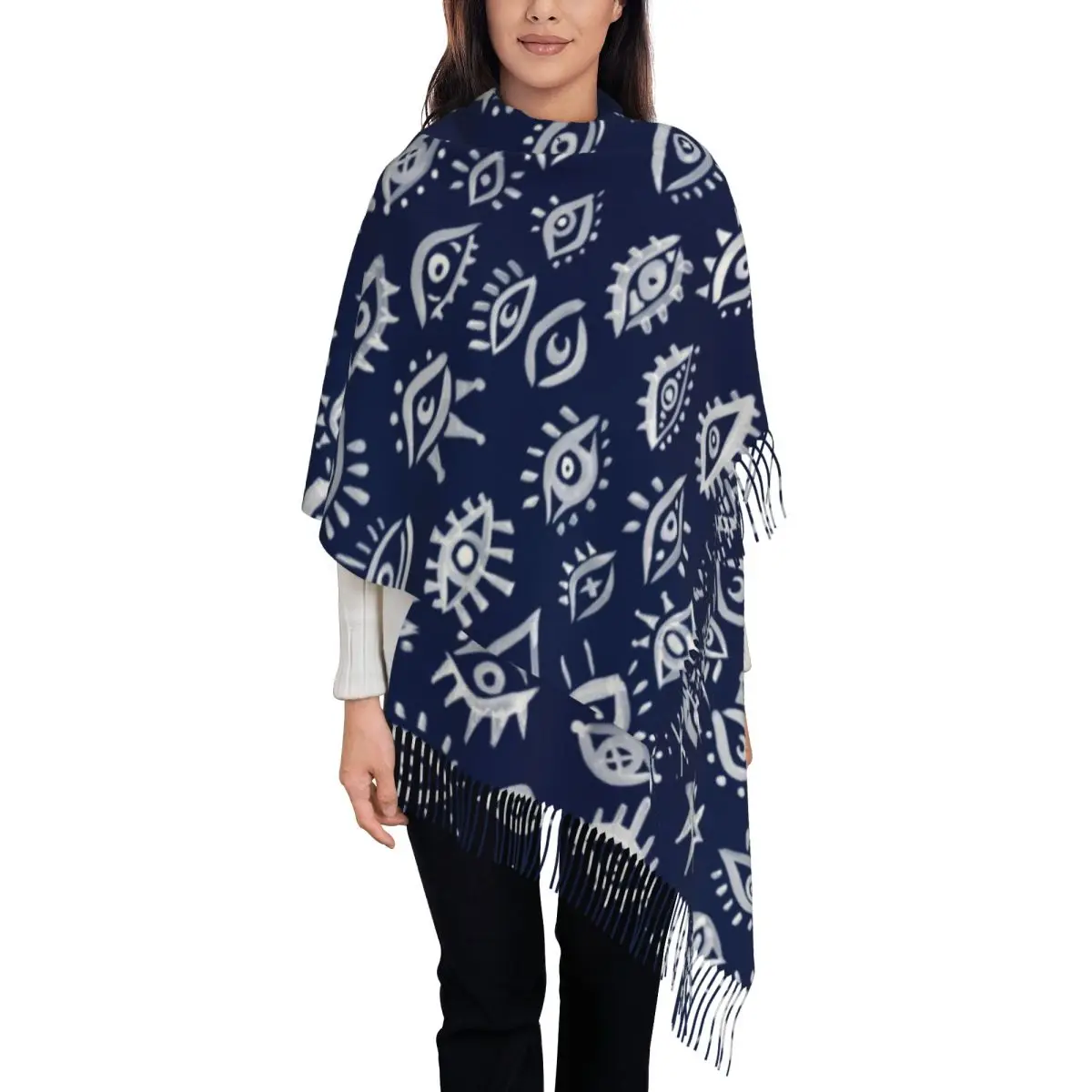 Tassel Scarf Mystic Eyes White On Navy Long Winter Fall Shawl Wrap Evil Eye Blue Nazar Amulet Boho Daily Wear Cashmere Scarf