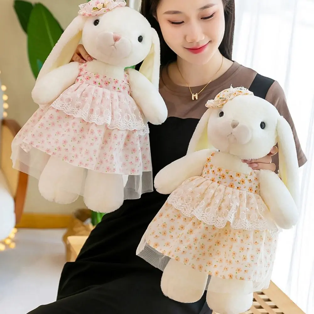 Coelho de Pelúcia com Saia, Boneca de Coelho Orelhudo, Coelho de Pelúcia com Orelhas Longas, Brinquedos de Pelúcia de Coelho Kapok, Saia Floral, Boneca de Coelho Fofa, Decoração para Casa