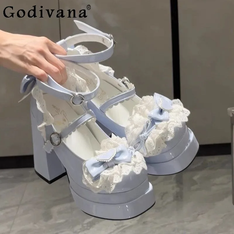 

Lolita Sweet Mary Jane Girl Shoes Pure Desire Bow Lace Hot Selling Shoes Women's Blue Pink Puff Lo Versatile Leather Shoes