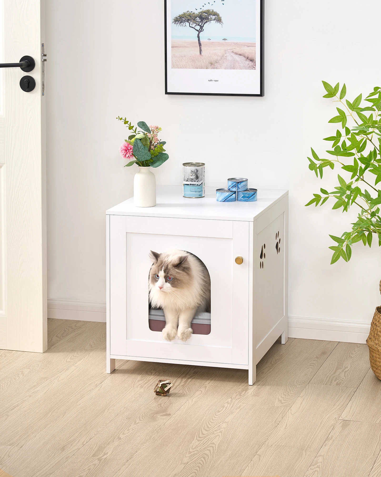 Lettiera per Gatti, Lettiera Nascosta da 52 cm, Mobile per Animali Domestici in Legno per Interni con Porta Anteriore Arcuata, Tavolino Laterale