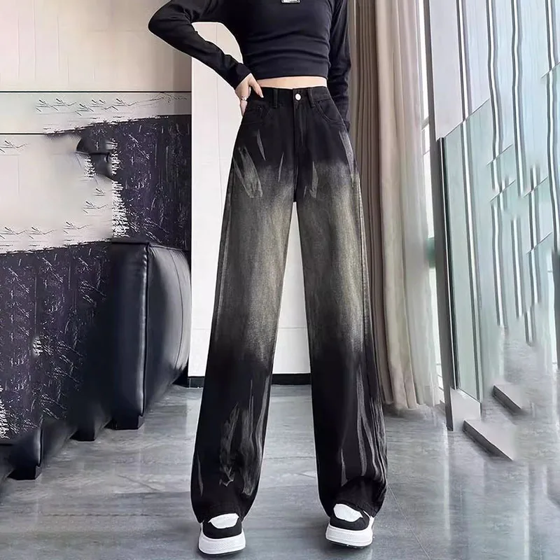 Genuine Tie-dyed Straight-leg Jeans Women, New High-waisted Floor-Length Pants Female, Casual Denim Wide-leg Trousers 4XL 5XL