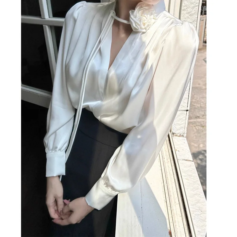 Women Clothing Elegant V Neck Blouse Long Sleeve Solid Color Loose Temperament Shirt Tops Fashion Vintage Spring Autumn New