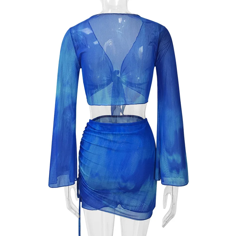 Mode V-ausschnitt Flare Hülse Tie Dye Tops Mini Rock Anzug Frauen Mesh Tees Spitze Up Röcke Neue Sommer Weibliche 2-teiliges Set Outfits – Detail 11