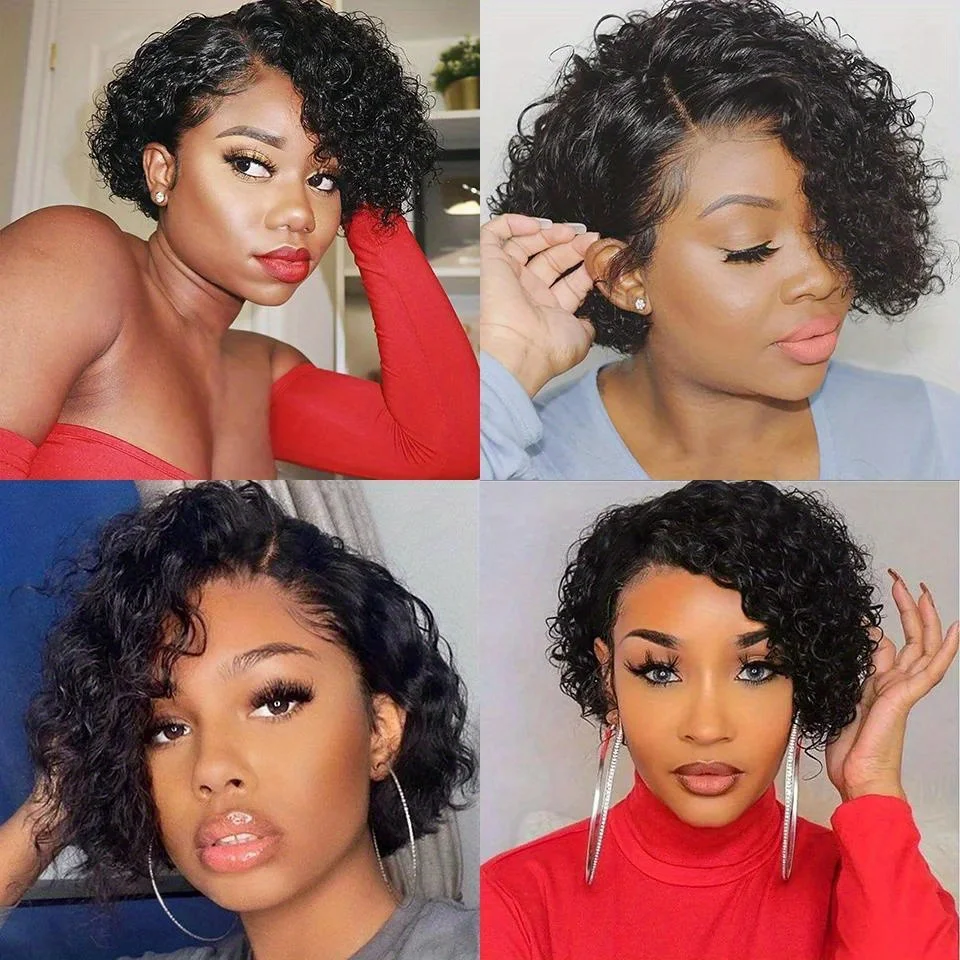 Short Curly 13x1 Lace Curly Pixie Cut Wig 180% Density Human Hair Lace Front Bob Wigs for Women Natural Color Pre Plucked 6 Inch view 4