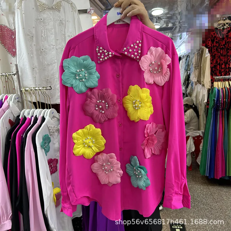 Pesado frisado strass camisa feminina bela flor 3d decoração solta casual na moda marca blusa 2025 outono novas blusas