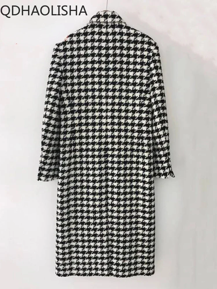 2023 Winter New In Women\'s Wool Jacket Houndstooth Elegant Korean Fashion Overcoat Office Ladies Thick Warm Long Coats for Women