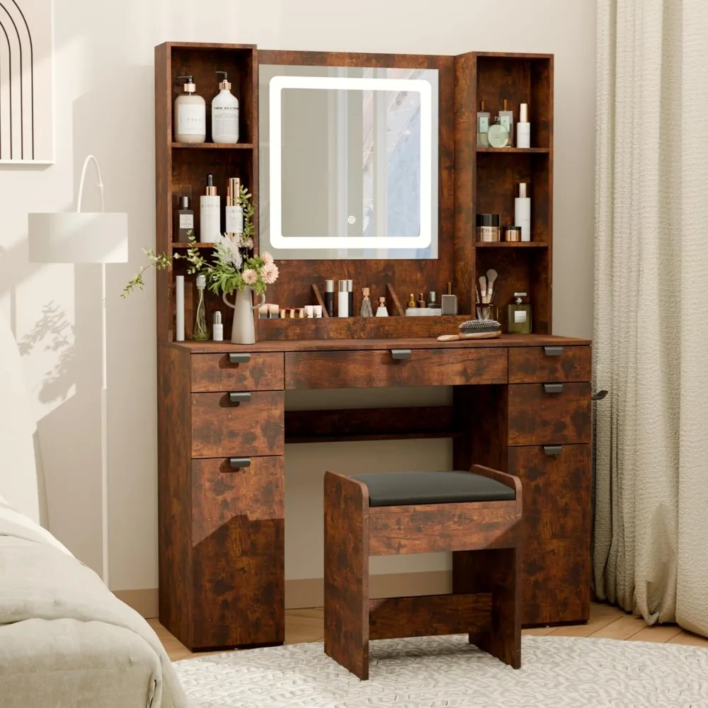 

Vanity with Mirror and Lights, Makeup Vanity Table Set, Dressing Table, Large Wood Vanity with Chair, Touch-Sensitive Dimmable