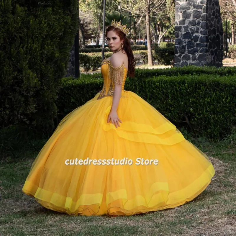 Bidight-vestidos de quinceañera amarillos, con abalorios y borlas, Charro, 15 años de hombros descubiertos, dulce vestido de desfile de 16 años