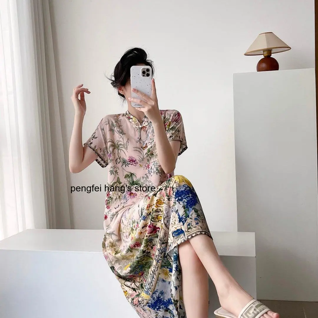 Women Summer New Chinese Style Long Sleep Dress Elegant National Style Nightgown Soft Casual Home Loungewear for Ladies Wear