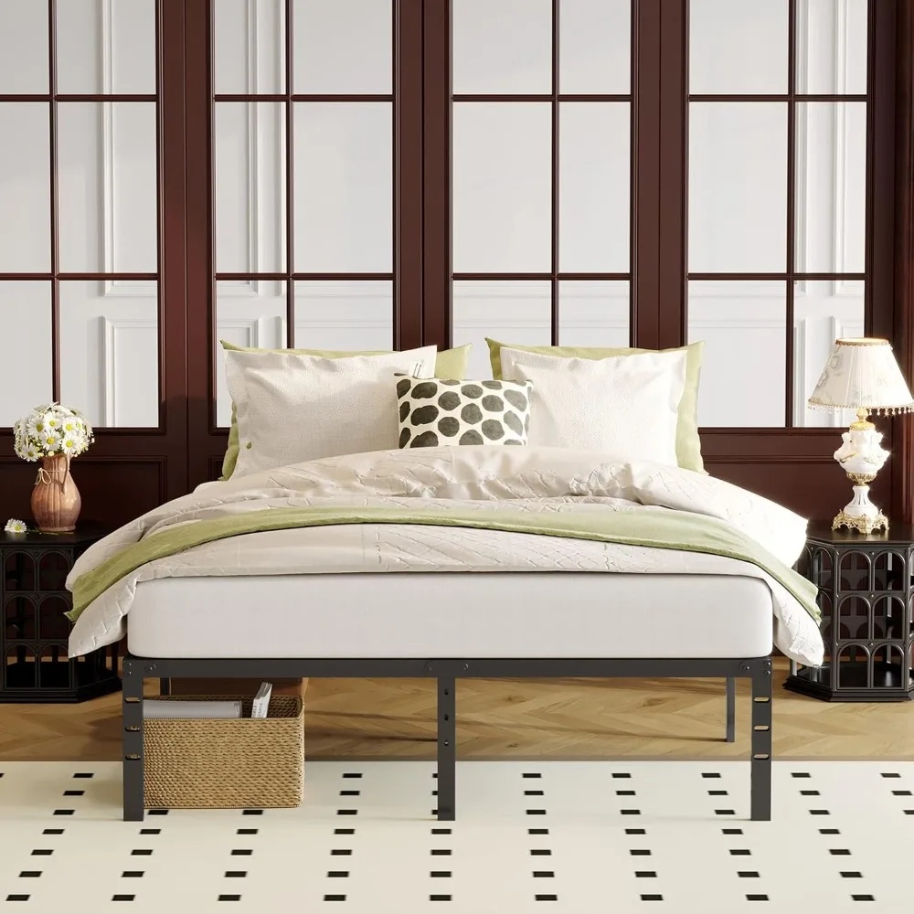 

18 Inch Queen Metal Bed Frame Foundation No Box Spring Needed Heavy Duty Tall Platform with Large Storage Easy Assembly Mattress