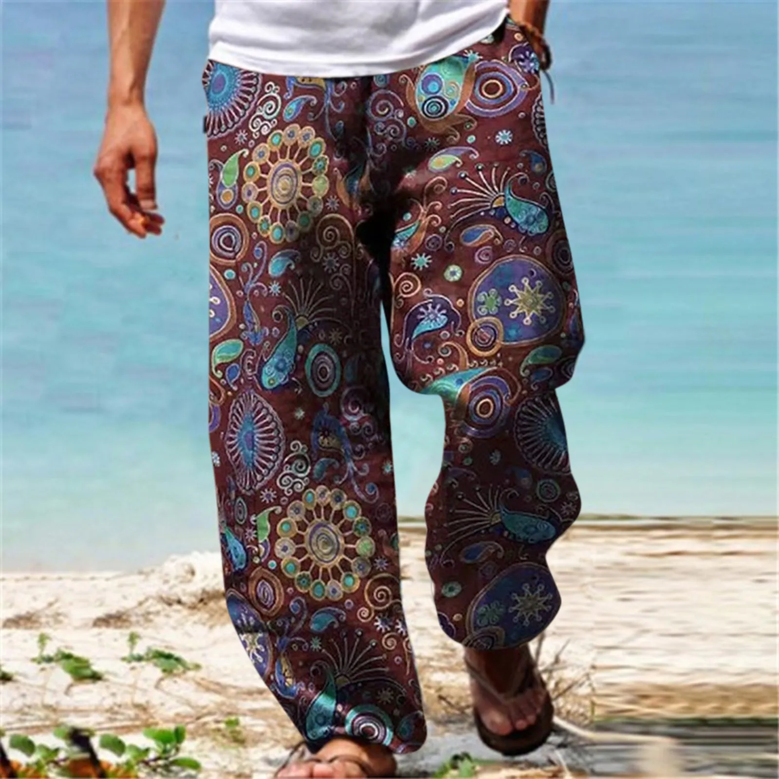 

Mens Pants Casual Versatile All Print Loose Pants Fashion Beach Pocket Trousers 4