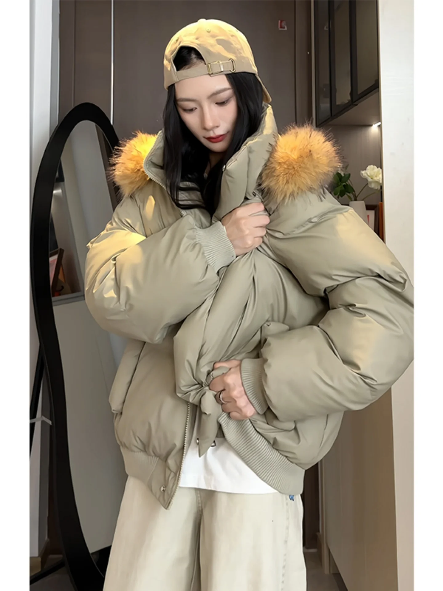 

Detachable Hat Large Fur Collar Cotton Jaet Men ort American Retro PU Leather Cotton Coat Winter Thiened Bread Coat Out...