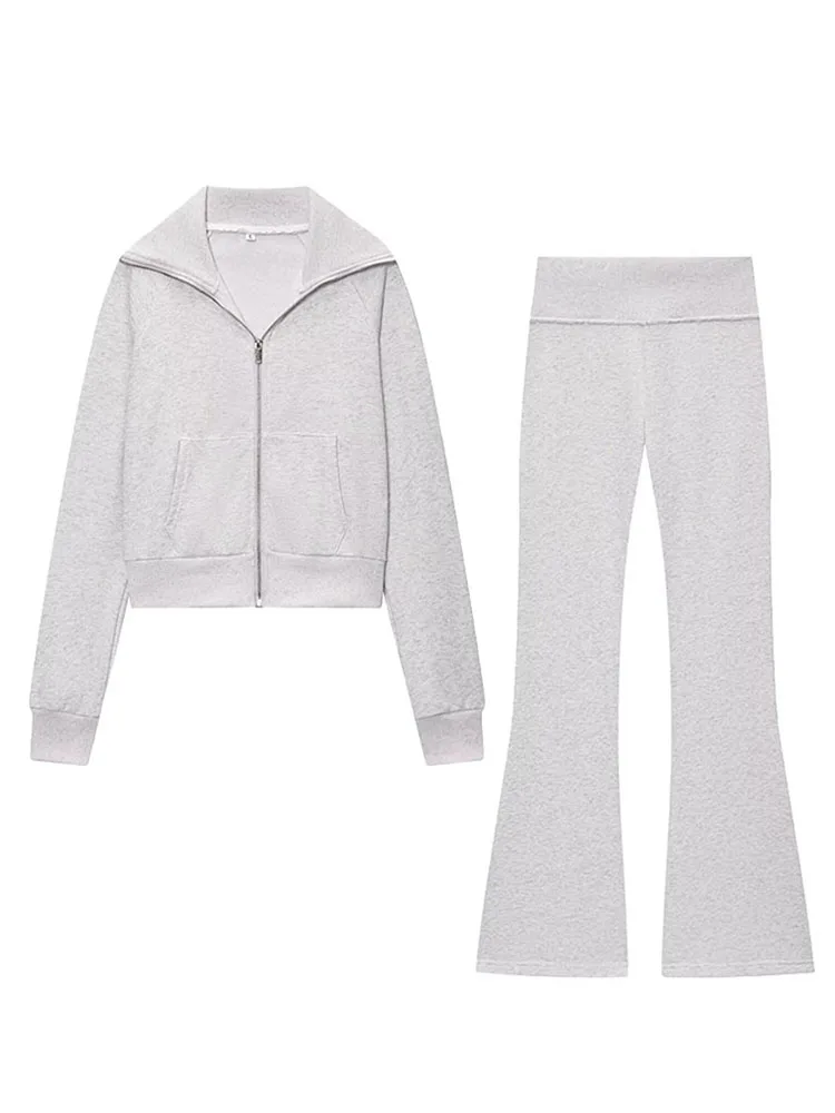 

HH Women Autumn Fashion Sets Solid Turn-Down Collar Long Sleeves Pockets Zipper+Elastic Waist Long Pants Female Casual Suits